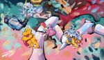  1girl absurdres agumon bare_shoulders black_bra black_thighhighs blue_camisole blue_eyes bra camisole cape commentary dated digimon digimon_(creature) digimon_story:_cyber_sleuth english_commentary from_side gabumon green_eyes gundam gundam_gquuuuuux high_heels highres horns jacket mecha omegamon open_clothes open_jacket parody pink_jacket red_cape red_eyes red_hair robot running shiramine_nokia single_horn thighhighs underwear zinonu20 