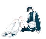  1boy absurdres alternate_costume apron arm_support blue_jacket blue_shoes blue_shorts closed_mouth commentary_request crossdressing enmaided frilled_apron frills full_body hair_between_eyes highres jacket jersey_maid knees_up leg_warmers long_sleeves looking_to_the_side maelo maid maid_headdress male_focus male_maid meguriya_ayumu shoes short_hair shorts simple_background sitting smile sneakers solo toshi_densetsu_kaitai_center track_jacket turtleneck turtleneck_jacket unconventional_maid waist_apron white_apron white_background 