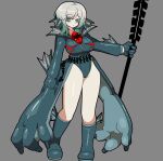  1girl absurdres blue_bodysuit blue_eyes blue_shoes bodysuit breasts closed_mouth e.g.o_(project_moon) faust_(project_moon) fins fluid_sac_(e.g.o) full_body gem gradient_hair green_hair grey_background head_fins highres holding holding_weapon kekeken large_breasts limbus_company looking_at_viewer multicolored_hair project_moon red_gemstone shoes short_hair simple_background solo standing thighs weapon white_hair 