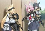  3girls animal_ears assault_rifle ballistic_shield black_hair blonde_hair blue_archive blue_eyes blue_halo blue_sky ear_protection eotech fox_ears fox_girl fox_platoon_(blue_archive) green_halo gun h&amp;k_hk416 h&amp;k_ump halo handgun henshako holster kurumi_(blue_archive) laser_sight long_hair multiple_girls muzzle_device neckerchief niko_(blue_archive) outdoors pink_hair pump_action red_eyes red_halo red_neckerchief remington_870 rifle school_uniform serafuku shield short_hair shotgun shotgun_shell skirt sky snow_goggles submachine_gun suppressor training tree vertical_foregrip weapon wooden_door wooden_wall yukino_(blue_archive) 