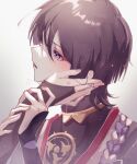  1boy absurdres armor black_bodysuit black_bridal_gauntlets black_hair black_kimono blunt_ends bodysuit bridal_gauntlets crying crying_with_eyes_open eyelashes eyeliner eyeshadow fingernails genshin_impact gold grey_background hand_on_another&#039;s_face highres holding_another&#039;s_wrist japanese_armor japanese_clothes jewelry juban kimono kote kurokote looking_to_the_side loose_hair_strand makeup mandarin_collar mitsudomoe_(shape) mother_and_son neck_ring nero_hanken open_clothes open_kimono open_mouth pink_nails portrait purple_eyes purple_rope raiden_shogun red_eyeliner red_eyeshadow red_kimono rope scaramouche_(genshin_impact) shimenawa tears teeth tomoe_(symbol) upper_teeth_only white_kimono white_rope wispy_bangs 