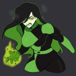  1girl absurdres angry black_hair bodysuit breasts colored_inner_hair colored_skin curvy fingernails fire flaming_hand glaring gloves green_bodysuit green_eyes green_fire green_skin highres kim_possible_(series) large_breasts long_hair looking_at_viewer multicolored_bodysuit multicolored_hair porqueloin scowl shego simple_background solo teeth thick_thighs thighs 