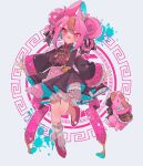  1girl absurdres animal_ear_fluff animal_ears bell black_ribbon black_shirt black_skirt black_sleeves blue_hair blush bright_pupils chinese_clothes colored_inner_hair commentary cross-shaped_pupils dated_commentary detached_sleeves double_bun flat_chest frilled_skirt frilled_thigh_strap frills full_body hair_bun hair_ribbon hair_rings high_heels highres jiangshi leg_up leg_warmers mandarin_collar multicolored_hair ofuda ofuda_on_head open_mouth original ozureiji petticoat pink_eyes pink_hair pink_shoes pink_trim pleated_skirt rabbit_ears ribbed_leg_warmers ribbon shirt shoes short_hair skirt skirt_set sleeveless sleeveless_shirt smile solo symbol-only_commentary symbol-shaped_pupils tassel thigh_strap tsurime white_leg_warmers white_pupils wide_sleeves 