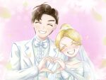  1boy 1girl aged_up aijou_rentarou blonde_hair blush border bridal_veil closed_eyes dei_matsuri dress floral_background hair_bun heart heart_hands heart_hands_duo hetero highres kimi_no_koto_ga_dai_dai_dai_dai_daisuki_na_100-nin_no_kanojo petals pink_background veil wadara_5492_wa wedding wedding_dress wedding_suit white_border 