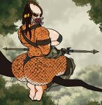 alien alien_humanoid armor barefoot big_breasts big_butt branch breasts butt claws clothed clothing countershading digital_drawing_(artwork) digital_media_(artwork) dreadlocks feet female fishnet_clothing fishnet_legwear forest gremlinchalk hair hi_res huge_butt humanoid jungle legwear looking_at_viewer looking_back mandibles markings melee_weapon muscular muscular_female open_mouth outside plant polearm predator_(franchise) rear_view scalie sharp_teeth sitting skimpy solo spear spots spotted_body teeth thick_thighs thigh_highs toes tree underwear weapon wide_hips yautja