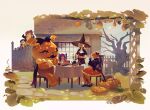  1boy 4girls alchemist_cookie bandal bare_tree black_dress black_shoes cake chair cookie_run dress fence food gourd hat highres latte_cookie multiple_girls onion_cookie orange_skirt outdoors picket_fence pointy_ears pompon_(cookie_run) pumpkin_pie_cookie purple_hair shoes sitting skirt tree vampire_cookie white_hair witch_hat wooden_fence 
