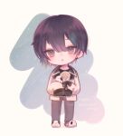  animal_slippers black_hair black_pants bouquet chestnut_mouth chibi chibi_only full_body hair_between_eyes highres jacket long_sleeves looking_at_viewer mayuzumi_kai mi_oxo_9m nijisanji open_mouth pants short_hair sleeves_past_fingers sleeves_past_wrists slippers solo virtual_youtuber white_jacket 