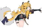  1girl :3 animal_ears ass bent_over black_gloves black_shorts blonde_hair blue_ribbon blush cropped_jacket cropped_legs elbow_gloves fang fingerless_gloves from_behind gloves green_eyes half_updo high-waist_shorts jacket ju_fufu legs_together long_hair looking_at_viewer looking_back ocha_(popopogg) open_mouth outstretched_arms ribbon short_shorts short_sleeves shorts simple_background skindentation smile solo standing striped_hair tail tail_ornament tail_ribbon thigh_strap tiger_ears tiger_girl tiger_tail white_background yellow_jacket zenless_zone_zero 