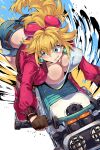  1girl blonde_hair blue_eyes blue_shorts blush bow breasts cleavage crop_top cropped_shirt denim denim_shorts earrings fingerless_gloves gloves hair_bow highres jacket jewelry large_breasts long_hair mario_(series) mario_kart mario_kart_world motor_vehicle motorcycle on_motorcycle open_clothes open_jacket open_mouth pink_bow pink_jacket ponytail princess_peach princess_peach_(touring) rally_bike_(mario_kart_world) shimure_(460) shirt short_shorts shorts smile solo sphere_earrings teeth 