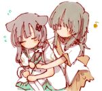  2girls =_= animal_ears aqua_sash assault_lily back_bow blush bow brown_bow brown_hair brown_sash cat_ears closed_eyes commentary cowboy_shot dress eighth_note flower_knot flying_sweatdrops hair_ornament hair_scrunchie hands_up heterochromia highres hug hug_from_behind kemonomimi_mode kuo_shenlin long_hair looking_at_another multiple_girls musical_note no_mouth official_alternate_costume one_side_up pink_eyes rui_rui_rui0122 sash scrunchie shoulder_sash simple_background standing wang_yujia white_background white_dress white_scrunchie yellow_eyes 