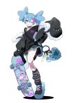  1girl absurdres aqua_eyes aqua_hair arm_up bandaid bandaid_on_leg black_jacket black_shirt black_undershirt blue_bandaid blue_eyes blue_hair charm_(object) choker garaho_flip_phone hair_between_eyes hair_ornament hatsune_miku highres holding holding_skateboard jacket kneehighs multicolored_shoes number_print off-shoulder_shirt off_shoulder one_eye_closed open_clothes open_jacket open_mouth oversized_clothes pink_bandaid pleated_skirt sankichi_(croquette_crab) shirt skateboard skirt sleeves_past_fingers sleeves_past_wrists socks solo spiked_sleeves spring_onion standing standing_on_one_leg star_(symbol) star_hair_ornament striped_clothes striped_socks tamagotchi_(virtual_pet) very_long_sleeves virtual_pet_(toy) vocaloid wide_sleeves 