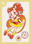  1girl animal_ears arisugawa_himari bare_shoulders bright_pupils brown_eyes brown_hair cherry_earrings choker compact_(cosmetics) cosmetics cure_custard deformed detached_sleeves dotted_line dress earrings elbow_gloves extra_ears food food-themed_earrings food-themed_hair_ornament forehead frilled_dress frilled_socks frills full_body gloves grid_background hair_ornament hairband hand_on_own_cheek hand_on_own_face high_heels high_side_ponytail highres jewelry kirakira_precure_a_la_mode kneehighs magical_girl open-toe_shoes open_mouth orange_shoes outline paw_socks pleated_dress pleated_sleeves precure pudding pumps red_choker shoes short_dress short_hair signature sleeveless sleeveless_dress smile socks solo squirrel_ears squirrel_girl squirrel_tail tail tareme teeth thick_eyebrows upper_teeth_only uwded_207 white_background white_gloves white_outline white_pupils white_sleeves yellow_dress yellow_hairband yellow_outline yellow_socks 
