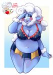 anthro belly big_breasts blue_body blush bovid bra breasts caprine clothing colored_nails darkner deltarune duo elemental_creature elemental_humanoid elnina_(deltarune) eyelashes female female_focus front_view hair hi_res humanoid lanino_(deltarune) lips lipstick makeup male mammal nails navel overweight overweight_anthro overweight_female red_lips red_lipstick sheep solo_focus stretch_marks undertale_(series) underwear white_hair wide_hips zevulpes