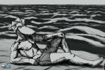 absurd_res animal_humanoid beach clothing cross-hatching drqube fish fish_humanoid hatching_(art) hi_res humanoid lying male marine marine_humanoid monochrome muscular muscular_male on_side resting resting_arm sand sea shaded sitting sitting_on_ground sitting_on_side solo solo_focus solo_in_panel swimming_trunks swimwear wahoo water