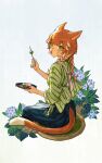  1girl absurdres animal_ears blue_hakama blush braid cat_ears cat_tail dango eating facial_mark final_fantasy final_fantasy_xiv flower food green_eyes hakama hakama_skirt highres holding holding_food holding_tray hydrangea japanese_clothes kimono leaf long_hair looking_at_viewer looking_back miqo&#039;te multicolored_hair orange_hair pattern_request purple_flower sanshoku_dango sash short_kimono signature simple_background sitting skirt solo streaked_hair sweat tail tray twin_braids two-tone_hair two-tone_kimono wagashi warrior_of_light_(ff14) whisker_markings white_background white_hair white_sash yuzaiii 