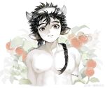  1boy abs animal_ears arknights bara braid chinese_commentary commentary_request cow_boy cow_ears cow_horns highres horns looking_at_viewer male_focus muscular muscular_male nipples pectorals sweat tomato tomato_plant topless_male visor_cap wan_qing_(arknights) watermark weibo_watermark white_background yi_tan_a_mi_ba 