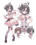  3girls :d :o alstroemeria_(idolmaster) amami_haruka antenna_hair armband bare_shoulders black_choker black_hair black_shoes borrowed_clothes chibi chibi_inset choker closed_mouth collarbone dot_nose dress eyelashes flipped_hair frilled_dress frills full_body green_eyes grey_armband grey_eyes hair_intakes hair_ribbon hairband hand_on_own_hip highres idol_clothes idolmaster idolmaster_(classic) idolmaster_million_live! idolmaster_million_live!_theater_days idolmaster_shiny_colors in-franchise_crossover index_finger_raised kikuchi_makoto lace_hairband leg_ribbon light_blush long_hair looking_at_viewer medium_hair messy_hair multiple_girls multiple_views one_eye_closed open_mouth pnt_0202 red_ribbon ribbon shijou_takane shoes short_hair sidelocks smile solo_focus thigh_ribbon thighhighs upper_body wavy_hair white_background white_dress white_hair white_hairband white_thighhighs wishful_lily_(idolmaster) 