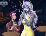 abs anthro bar biceps big_breasts blush breasts clothing dress drone_commander duo electronics english_text fangs felid feline female fur furniture gia_(drone_commander) hair hi_res human jacket karaoke larger_female logo male mammal markings microphone murchie muscular muscular_female sekarri singing size_difference spots spotted_body spotted_fur striker_(drone_commander) table tail teeth text topwear white_hair yellow_clothing yellow_dress
