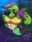  2022 abs alligator alligatorid anthro areola biceps biped bulge clothed clothing crocodilian digital_media_(artwork) eyebrows eyewear five_nights_at_freddy&#039;s five_nights_at_freddy&#039;s:_security_breach green_body green_scales hi_res looking_at_viewer male mohawk montgomery_gator_(fnaf) muscular muscular_anthro muscular_male nipples non-mammal_nipples pecs pinup pose reptile scales scalie scottgames smile sodabae solo star_sunglasses sunglasses tan_body tan_scales thong topless underwear 