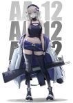  1girl aa-12 aa-12_(girls&#039;_frontline) absurdres bags_under_eyes black_shoes black_shorts black_tank_top black_thighhighs breasts commentary full_body girls&#039;_frontline grey_hair gun hair_ornament highres lollipop_in_mouth looking_at_viewer medium_breasts medium_hair navel purple_eyes shoes short_shorts shorts shotgun simple_background solo standing star_(symbol) star_hair_ornament tank_top thighhighs tofu_(killer150) weapon white_background 