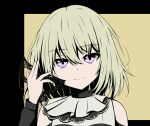  1girl bang_dream! bang_dream!_it&#039;s_mygo!!!!! black_mask blonde_hair closed_mouth commentary doloris_(bang_dream!) hair_between_eyes hand_up highres holding holding_mask liya_(yosoro2016) long_hair long_sleeves mask masquerade_mask medium_hair misumi_uika purple_eyes solo unworn_mask upper_body yellow_background 