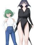  1girl absurdres alternate_costume black_dress blue_eyes blue_hair blue_pants breasts closed_mouth cosplay costume_switch curly_hair denim dress green_eyes green_hair hair_intakes high-waist_pants highres hololive hololive_english jeans large_breasts long_sleeves looking_at_viewer multiple_girls no_panties official_alternate_costume one-punch_man ouro_kronii ouro_kronii_(casual) ouro_kronii_(cosplay) pants pear-shaped_figure petite shirt short_hair side_slit simple_background small_breasts smile solo spicyyrum sweater sweater_tucked_in tatsumaki tatsumaki_(cosplay) thighs turtleneck virtual_youtuber white_background white_shirt white_sweater 