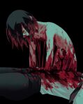 2girls black_background black_hair black_necktie black_pants blood blood_in_hair blood_on_clothes blood_on_face chainsaw_man claireiosity collared_shirt corpse dark_background hair_over_one_eye highres hunched_over looking_at_viewer makima_(chainsaw_man) multiple_girls nayuta_(chainsaw_man) necktie nude pants reincarnation ringed_eyes shirt shirt_tucked_in short_hair simple_background white_shirt yellow_eyes 