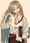  1girl aqua_eyes artdroiiid_ii belt breasts briefcase brown_hair brown_skirt cleavage closed_mouth collared_shirt commentary dress_shirt earrings english_commentary floating_earrings hair_tie_in_mouth hand_in_own_hair hand_in_pocket hand_up head_tilt highres holding holding_briefcase jewelry long_hair long_sleeves loose_necktie mouth_hold multicolored_eyes necktie original parted_bangs red_belt red_necktie shirt shirt_partially_tucked_in simple_background skirt solo straight-on straight_hair very_long_hair white_background white_shirt wide_sleeves yellow_eyes 