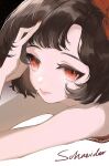  1girl bare_shoulders black_hair character_name closed_mouth feathers fengling gradient_background hand_on_own_head hand_up highres looking_at_viewer portrait red_eyes red_feathers reverse:1999 schneider_(reverse:1999) short_hair smile solo 