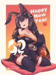  1girl animal_ears black_hair black_kimono black_thighhighs breasts cleavage collarbone gradient gradient_background hair_between_eyes happy_new_year highres japanese_clothes kimono kinetsuki_miu kuromiya large_breasts long_hair looking_at_viewer obi open_mouth orange_background original rabbit_ears sash solo thighhighs twitter_username wide_sleeves 