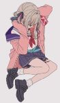  1girl ankle_socks belt black_shoes blue_sailor_collar blue_skirt brown_hair hair_intakes hair_ribbon highres jacket kamatama_rom leg_tattoo long_hair makaino_ririmu makaino_ririmu_(4th_costume) miniskirt multicolored_hair neckerchief nijisanji open_clothes open_jacket pink_hair pink_jacket pleated_skirt red_neckerchief ribbon sailor_collar shirt shoes simple_background sitting skirt socks solo tattoo two-tone_hair two_side_up virtual_youtuber white_background white_shirt white_socks yokozuwari 