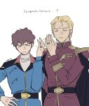  ...? 2boys amuro_ray artist_name belt black_belt black_cape blonde_hair brown_hair cape char&#039;s_counterattack char_aznable closed_eyes commentary_request congratulations cowboy_shot earth_federation earth_federation_space_forces english_text epaulettes facing_viewer gundam hair_slicked_back hands_up highres husband_and_husband jacket jewelry long_sleeves male_focus military_uniform multiple_boys neo_zeon red_jacket ring short_hair sparkle v-shaped_eyebrows wedding_ring yaoi yugre0000 