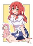  2girls alternate_costume arms_at_sides barefoot blue_skirt blush bocchi_the_rock! border bow breasts choker commentary_request full_body gotoh_hitori highres jacket kita_ikuyo long_hair looking_at_viewer multiple_girls noyama_takenoko one_side_up open_mouth pencil_skirt pink_hair pink_jacket pink_track_suit red_hair seiza shirt short_sleeves simple_background sitting skirt small_breasts smile track_jacket track_suit trembling waist_bow white_border white_bow white_shirt yellow_background yellow_eyes 