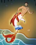 abs beach beard blue_clothing blue_swimwear clothing dark_beard dark_hair eyewear facial_hair flower frankly-art glasses glowing glowing_tail hi_res hibiscus humanoid humanoid_taur magic male marine marine_taur merfolk merfolk_taur merman_transformation navel nipples pecs plant sea seashell shell smile solo sparkles split_form swimwear tail taur transformation waist water wave