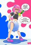 angry animal_humanoid black_clothing black_shirt black_topwear blush bodily_fluids cephalopod cephalopod_humanoid clothed clothing crop_top cross-popping_vein diaper diaper_fetish eye_mask female footwear genital_fluids hair hi_res humanoid humiliation ink_drip ink_tank_(splatoon) inkling kawaiiomo marine marine_humanoid mollusk mollusk_humanoid nintendo open_mouth pink_eyes pink_hair pink_ink pointy_ears prick_ears puddle sharp_tooth shirt shoes simple_background solo speech_bubble splatoon splattershot stain tentacles topwear unclean_diaper urine used_diaper wearing_diaper wet_diaper