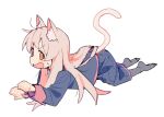  1girl all_fours animal_ear_fluff animal_ears black_jacket black_pantyhose black_skirt cat_ears cat_girl cat_tail commentary full_body highres jacket karubi_(karubi465558) kemonomimi_mode long_hair onii-chan_wa_oshimai! open_mouth orange_eyes oyama_mahiro pantyhose paw_pose pink_hair school_uniform simple_background skirt solo tail v-shaped_eyebrows white_background 