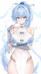  1girl absurdres arm_under_breasts bare_shoulders blue_eyes blue_hair blue_panties breasts character_pria china_dress chinese_clothes closed_mouth commentary_request covered_navel cowboy_shot dress gurami_(zangizarang) hair_ornament hairpin hand_up highres korean_commentary large_breasts long_hair looking_at_viewer multi-strapped_panties original panties pelvic_curtain pointing pointing_at_self ponytail see-through_clothes see-through_dress side-tie_peek sleeveless sleeveless_dress smile solo string_panties thigh_gap thighs underwear very_long_hair white_background white_dress 