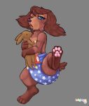 anthro canid canine canis clean_diaper dachshund diaper digital_drawing_(artwork) digital_media_(artwork) domestic_dog female hi_res hunting_dog jjunebugz looking_at_viewer looking_tired mammal open_mouth plushie shaded signature sketch solo spread_legs spreading yawn