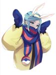  1boy animal_ears blue_mittens blue_scarf bunny_pose commentary_request green_eyes green_hair grusha_(pokemon) hairband hands_up highres jacket long_sleeves looking_down male_focus motituki0 poke_ball_print pokemon pokemon_(game) pokemon_sv rabbit_ears scarf scarf_over_mouth sidelocks simple_background solo striped striped_scarf white_background yellow_hairband yellow_jacket 