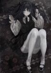  1girl akai_ringo_(eveyuno) black_dress black_gloves black_headdress blush convenient_leg curly_hair dress gloves grey_eyes hair_between_eyes hair_over_shoulder highres lolita_fashion long_hair looking_at_viewer makeup mascara non-web_source original pantyhose puffy_sleeves simple_background smile smug solo thighband_pantyhose upper_body white_background 