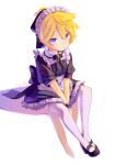  1boy alternate_costume apron back_bow black_dress blonde_hair blue_eyes bow crossdressing dress enmaided frilled_apron frilled_dress frills furrowed_brow gem hair_ornament harusamesyota highres kagamine_len maid maid_apron maid_headdress male_focus male_maid mary_janes neck_ribbon ponytail puffy_short_sleeves puffy_sleeves ribbon shadow shoes short_hair short_ponytail short_sleeves simple_background sitting swept_bangs thighhighs trap upturned_eyes v_arms vocaloid waist_apron white_apron white_background white_headdress white_thighhighs wrist_cuffs 