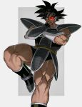  1boy armor biceps black_boots black_eyes black_hair boots closed_mouth crossed_arms domo_(domo_kizusuki) dragon_ball dragon_ball_z food fruit grey_background hand_up highres holding holding_food holding_fruit leg_up looking_at_viewer male_focus monkey_tail muscular muscular_male red-tinted_eyewear saiyan_armor scouter short_hair simple_background smile smirk solo spiked_hair tail tail_around_own_waist tail_wrap tinted_eyewear tullece two-tone_background v-shaped_eyebrows vambraces white_background 