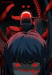  1girl artist_name black_hair chainsaw_man claireiosity cross_scar glowing glowing_eyes highres long_hair looking_down out_of_frame red_eyes red_theme ringed_eyes scar scar_on_cheek scar_on_face spine traffic_light war_devil_(chainsaw_man) yoru_(chainsaw_man) 