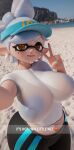 3d_(artwork) animal_humanoid areola beach beach_background big_areola big_breasts blue_areola blue_nails blue_nipples blue_sky bottomwear breasts cephalopod cephalopod_humanoid clothing colored_nails day digital_media_(artwork) ear_piercing ear_ring emoji english_text eyebrows female gesture hair hand_gesture hat headgear headwear hi_res huge_areola huge_breasts humanoid humanoid_pointy_ears inkling looking_at_viewer marie_(splatoon) marine marine_humanoid midriff mole_under_eye mollusk mollusk_humanoid nails nintendo nipples octopus_humanoid piercing pointy_ears pseudo_hair ring_piercing sand sea selfie shirt short_hair shorts sky smile smiling_at_viewer solo spandex spandex_shorts splatoon tentacle_hair tentacles text thick_eyebrows tight_bottomwear tight_clothing tight_shorts tlittleginny topwear translucent translucent_clothing translucent_shirt translucent_topwear v_sign visor_cap water white_clothing white_shirt white_topwear