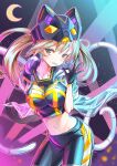  1girl black_gloves black_shirt black_shorts breasts brown_hair cat_mask collarbone commentary_request cowboy_shot crescent_moon cropped_shirt duel_monster fake_tail ganbariiiyo gloves groin hair_between_eyes highres i:p_masquerena jacket large_breasts long_hair looking_at_viewer mask mechanical_tail midriff moon multicolored_pants multicolored_shirt navel open_clothes open_jacket pants see-through_clothes see-through_jacket shirt short_sleeves shorts sidelocks solo standing tail tight_clothes tight_pants twintails yu-gi-oh! 