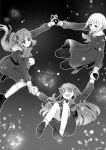  3girls :d :o ^_^ absurdres bob_cut closed_eyes commentary_request constellation dress floating_hair flower fujishima_megumi full_body gloves greyscale hair_bun hair_flower hair_intakes hair_ornament half_gloves hasu_no_sora_school_uniform highres holding_hands inverted_bob link!_like!_love_live! loafers long_hair love_live! medium_dress monochrome multiple_girls neckerchief open_mouth otomune_kozue outline pantyhose pleated_dress sailor_collar school_uniform shoes short_hair side_ponytail single_side_bun smile socks star_(sky) star_(symbol) star_hair_ornament two_side_up virtual_youtuber watage_modoki white_outline winter_uniform yugiri_tsuzuri 