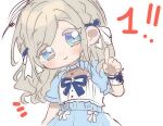  1girl blue_bow blue_bowtie blue_eyes blue_shrug blue_skirt blush bow bowtie ceras_yanagida_lilienfeld closed_mouth col_person collarbone commentary countdown deformed english_commentary finger_counting grey_hair index_finger_raised light_smile link!_like!_love_live! looking_at_viewer love_live! notice_lines official_alternate_costume shirt simple_background skirt solo virtual_youtuber white_background white_shirt 