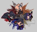 1girl 3boys balding black_gloves black_hair bracelet chibi chibi_only devil_jin facial_hair facial_mark fingerless_gloves forehead_mark gloves grey_hair highres horns jacket jewelry kazama_jin kicking kotorai mishima_heihachi mishima_kazuya multiple_boys mustache old old_man outline punching purple_hair purple_jacket red_gloves reina_(tekken) signature simple_background tekken tekken_8 uppercut watermark wings wristband 