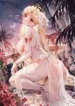  1girl anklet arabian_clothes armlet balcony bangs barefoot blonde_hair blush bracelet breasts chiachun0621 cloud cloudy_sky commentary_request crown dancer ereshkigal_(fate) evening fate/grand_order fate_(series) feet flower hair_flower hair_ornament harem_outfit highres indoors jewelry large_breasts legs legwear_garter long_hair looking_at_viewer moon night night_sky red_eyes red_flower red_rose rose sky soles solo star_(sky) toenails toes veil very_long_hair 