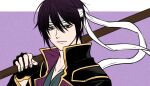  1boy aged_down black_coat black_eyes black_gloves black_hair coat commentary_request fingerless_gloves gintama gloves headband high_collar holding holding_sword holding_weapon looking_at_viewer male_focus official_alternate_costume over_shoulder pike_121 purple_background solo sword takasugi_shinsuke weapon weapon_over_shoulder white_headband 